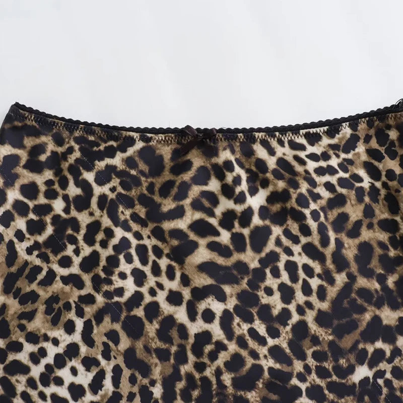 HXAO Women's Skirt Leopard Bow Satin Skirt Summer 2025 Vintage High Waist Wrap Long Skirts For Women Elegant High Street Skirts