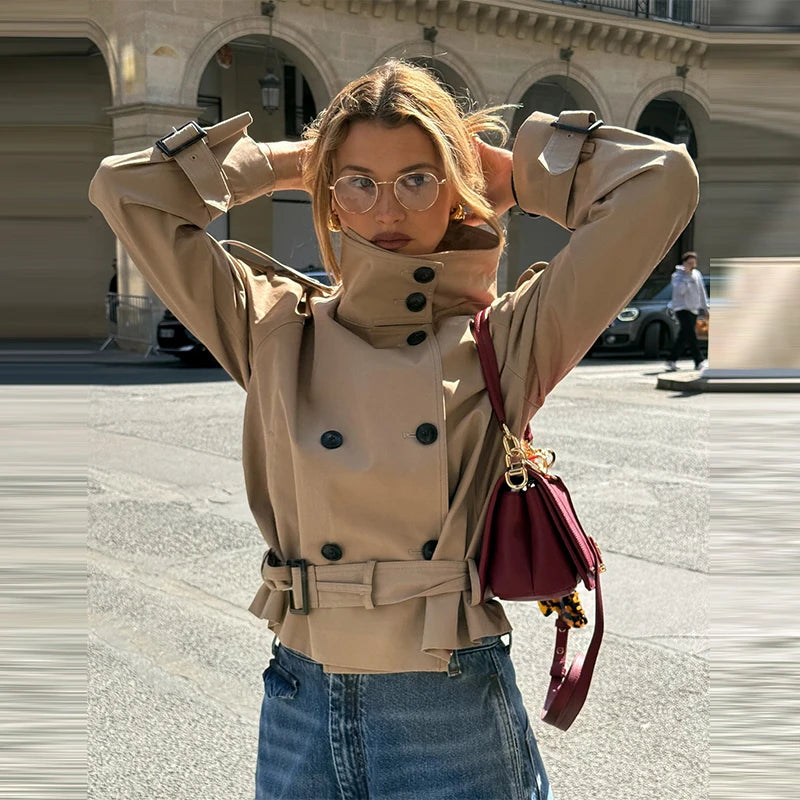 Women's Chic Stand Collar Double-breasted Belted Waist Cropped Trench Coat Shoulder Epaulets 2025 Autumn Casual Street Outerwear