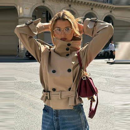 Women's Chic Stand Collar Double-breasted Belted Waist Cropped Trench Coat Shoulder Epaulets 2025 Autumn Casual Street Outerwear
