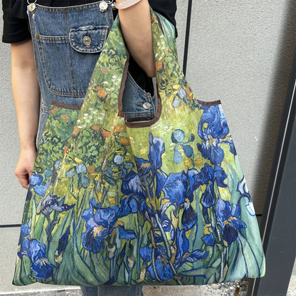 Chic Iris Flower Large Tote Bag Foldaway Convenience Nylon Shopping Bag with Shoulder Strap Lightweight Machine Washable