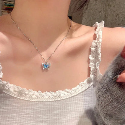 Collier ras-de-cou papillon romantique en cristal bleu LATS pour femmes et filles, simple et brillant, en zircon bicouche, chaîne clavicule, bijou raffiné.