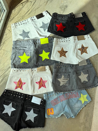 Start Print Shorts Women Dropped Zippers Pocket Button Party Club Mini Pants Female 2026 Spring Summer Chic Streetwear Lady New