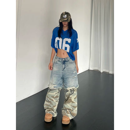 Women Patchwork Baggy Y2k Ripped Jeans Harajuku Aesthetic Denim Trousers Japanese 2000s Style Jean Pants Vintage Trashy Clothes