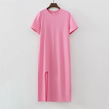 2024 Summer Fashion Split Women T shirt Dress Black Basic Simple Dresses