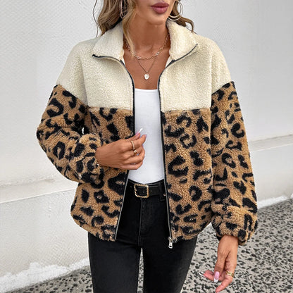 Women's Classic Leopard Print Patchwork Furry Zipper Jacket Trendy Outerwear for Cross-Border Foreign Trade