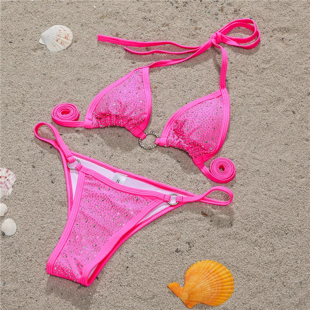 Sexy Halter Shining Rhinestone Bikini Women Swimwear Female Swimsuit Two-pieces Bikini Set Micro Bather Bathing Suit Swim Lady