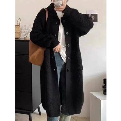 Solid Loose High Neck Women Mid Length Sweater Coat Spring Autumn Korean Single Breasted Casual Long Sleeve Knit Cardigan 6762#