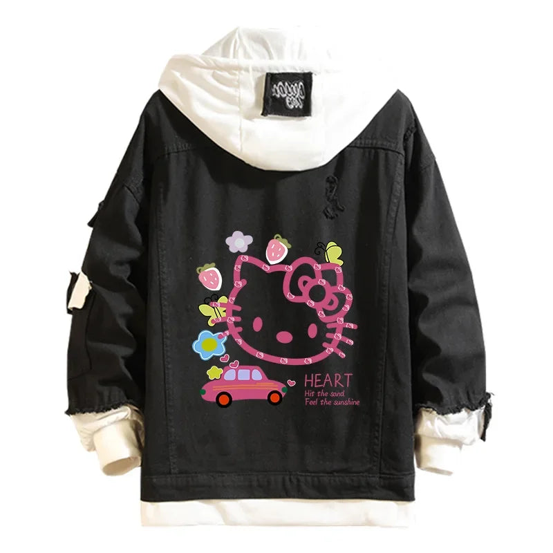 Anime Sanrio Denim Bomber Jacket Hello Kitty Hooded Jeans Sweatshirt Unisex Ripped Hole Cosplay Hoodie Long-Sleeved Denim Jacket