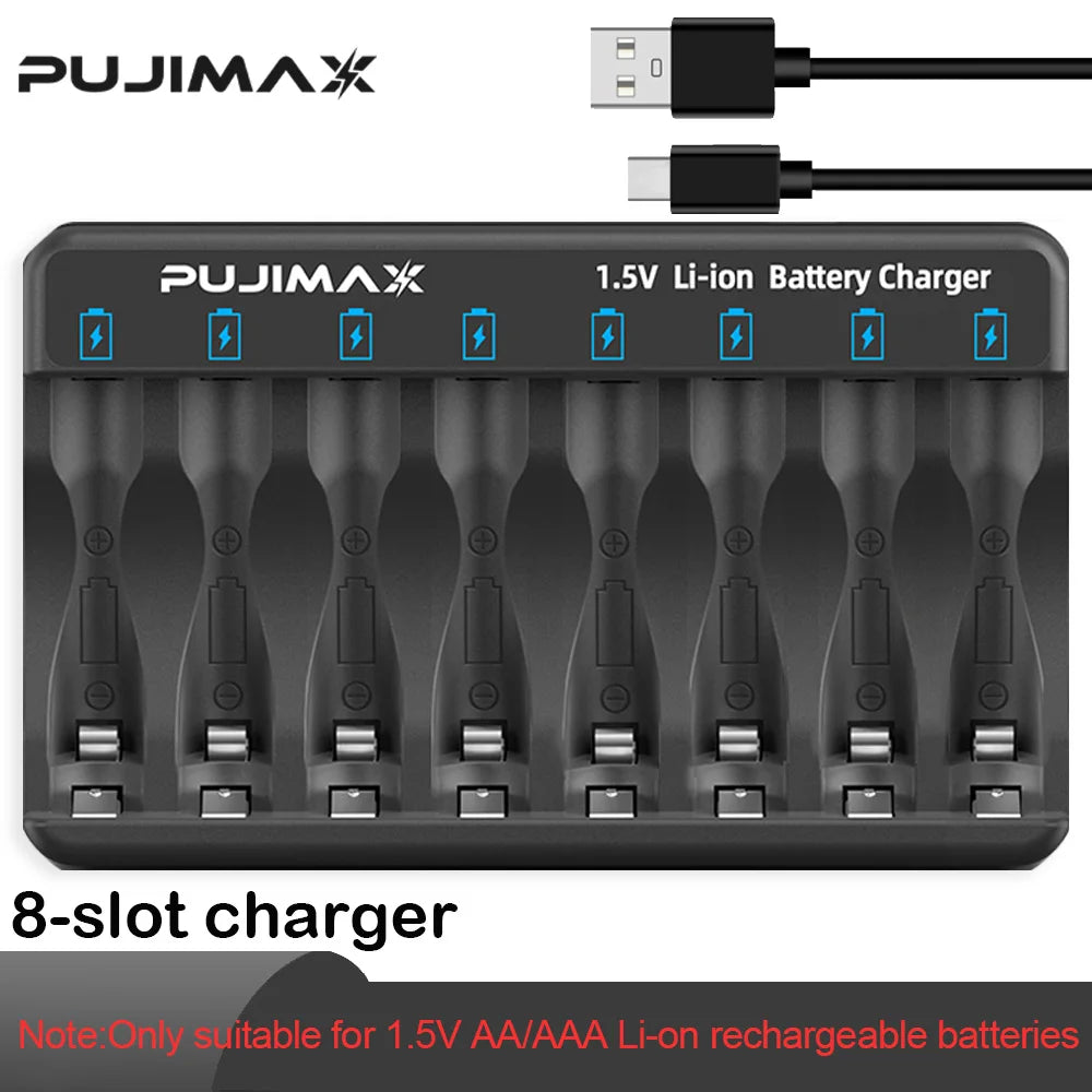 PUJIMAX 2/4/8-slot Battery Charger for 1.5V AAA/AA Li-on Rechargeable Battery Short Circuit Protection LED Display USB Charger