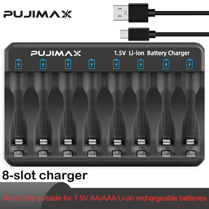 PUJIMAX 2/4/8-slot Battery Charger for 1.5V AAA/AA Li-on Rechargeable Battery Short Circuit Protection LED Display USB Charger