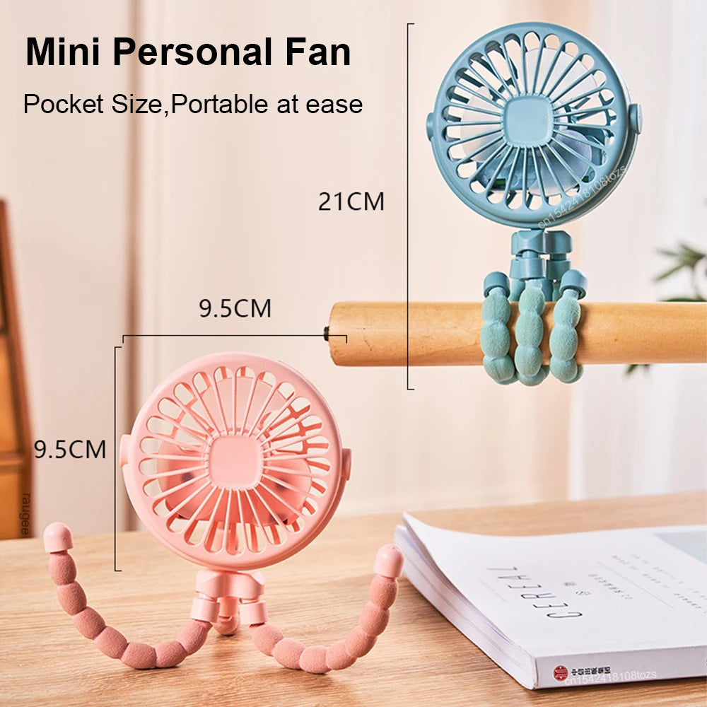 Portable Fan Mini Clip Fan Stroller Fan 360° Rotate Flexible Tripod USB Rechargeable Battery Fan for Car Seat Bike Treadmill