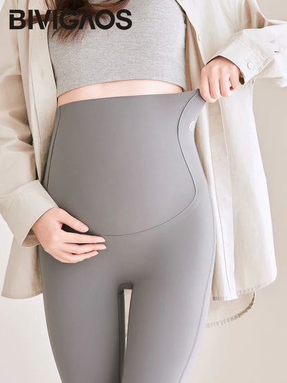 BIVIGAOS Spring Summer Thin Maternity Sharkskin Leggings Women Belly Support Tight High Waist Elastic Casual Yoga Pregnant Pants