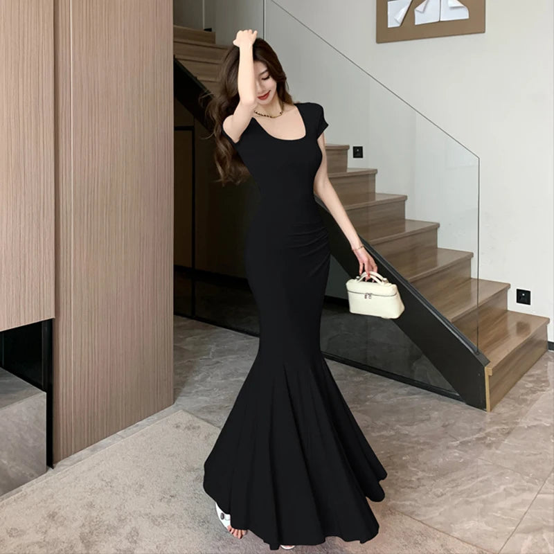 Summer Fashion Elegant Vacation Beach Mermaid Long Dress Women Clothes Sweet Short Sleeve Skinny Party Prom Vestidos Robe Femme