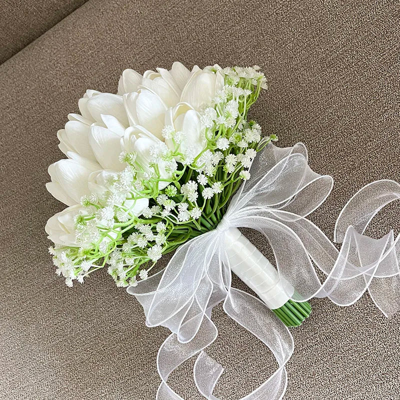 Bride Bouquet Wedding Flowers Bridal Bridesmaids PU Tulip Baby's Breath Artificial Flowers Table Centerpieces Prom Accessories