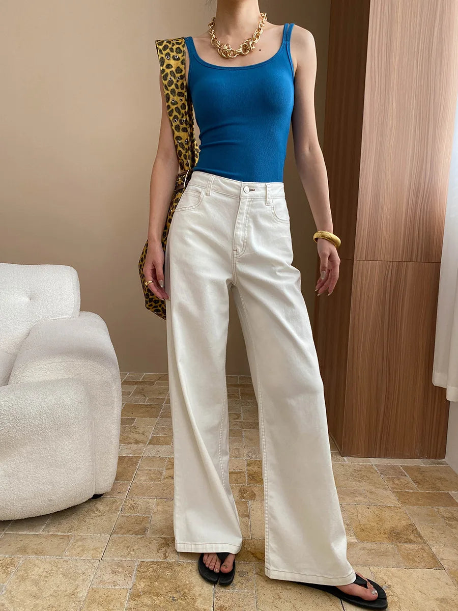 Spring and Autumn Women's Casual Solid Color High Waist Loose Wide Leg Jeans