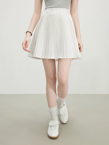 FSLE Office Lady White Wool-Blend Pleated Skirt 2025 Summer Slimming A-Line Mini Office To Chic Versatile Elegance 25FS12212