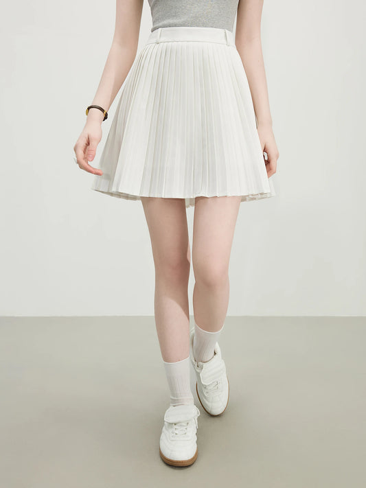 FSLE Office Lady White Wool-Blend Pleated Skirt 2025 Summer Slimming A-Line Mini Office To Chic Versatile Elegance 25FS12212