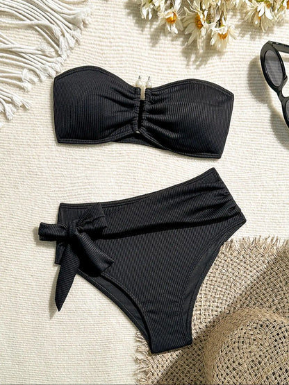 Sexy Orange Bikini 2025 Women Bandeau Metal U Wire Push Up Belt High Waist Swimsuit Beach Bathing Suit Holiday Swimwear Biquini