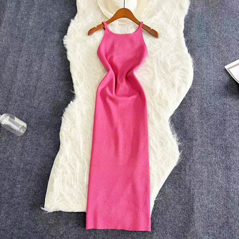 Sexy Summer Knit Strap Dress Women Halter Elatic Waist Bodycon Sundress Female Beach Solid Maxi Long Dress