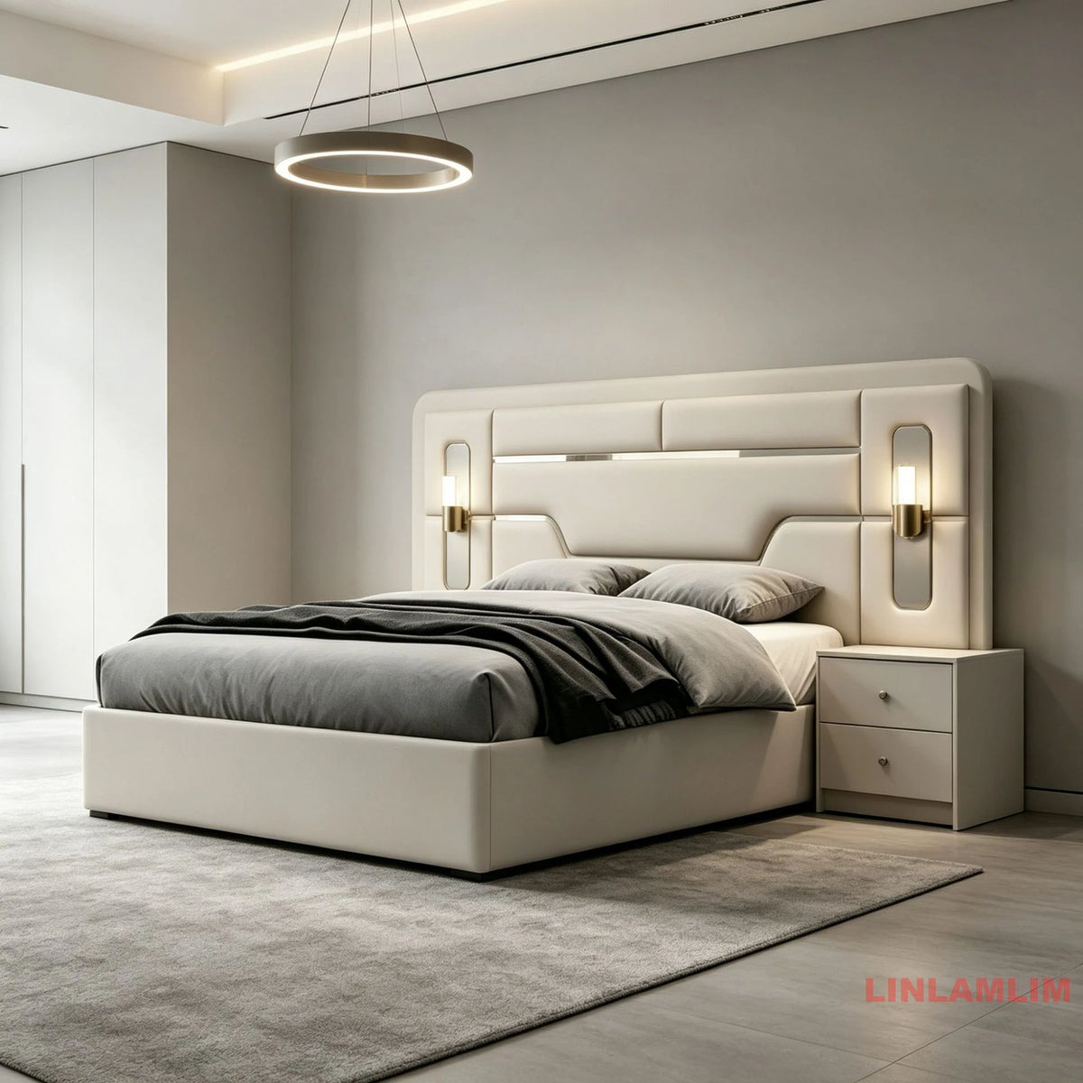 Modern Luxury Turkish style Bedroom Set – King Bed with Upholstered Headboard, Nightstands, Wardrobe with Mirrored Door, Dresser