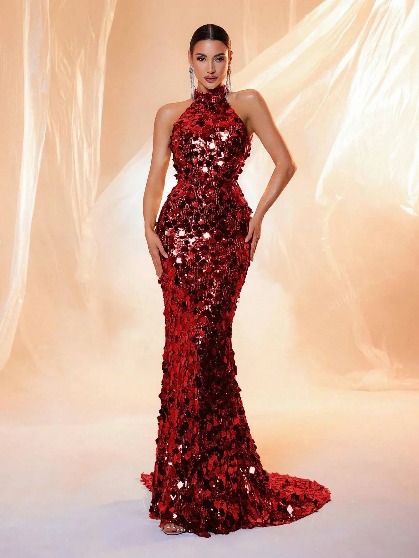LOVE&LEMONADE Backless Sequins Halter Neck Evening Elegant Formal Prom Gown Wedding Guest Dinner Maxi Dress for Women LM86444