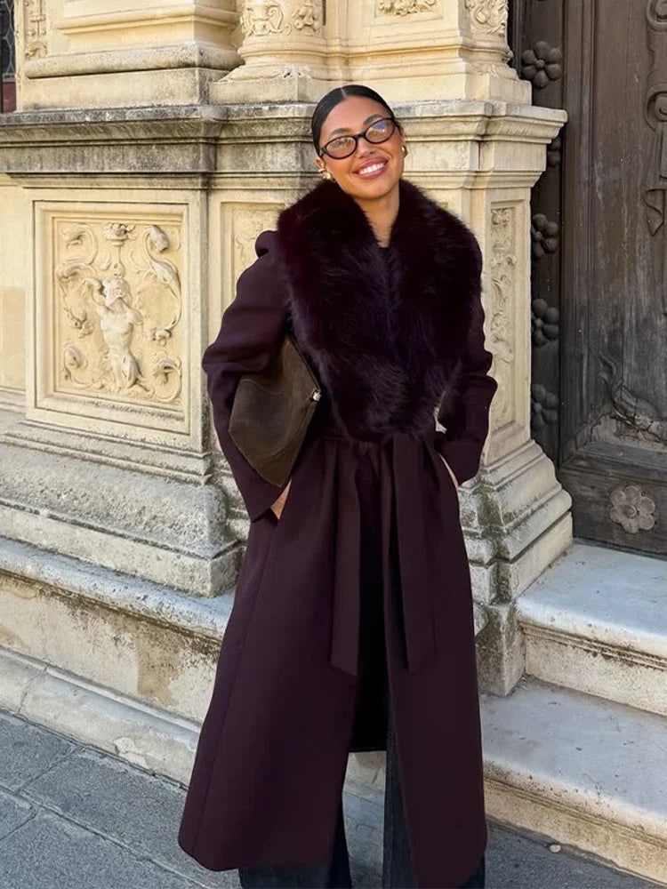 Fur Collar Patchwork V-neck Woolen Overcoat Women long Sleeve Waist Cinched Lace Up Coats Lady Party Daily Outdoor Casual Attire