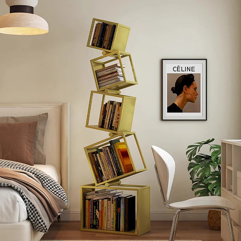5 Layer Grid Bookshelf Modern Simple Foldable Storage Metal Living Study Room Decoration Corner Arrange Floor Standing Bookshelf