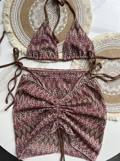 2025 Women Swimsuit Colored Maple Leaves Knitted Bikini Skirt Three-Piece Set Split Swimsuit Bikini