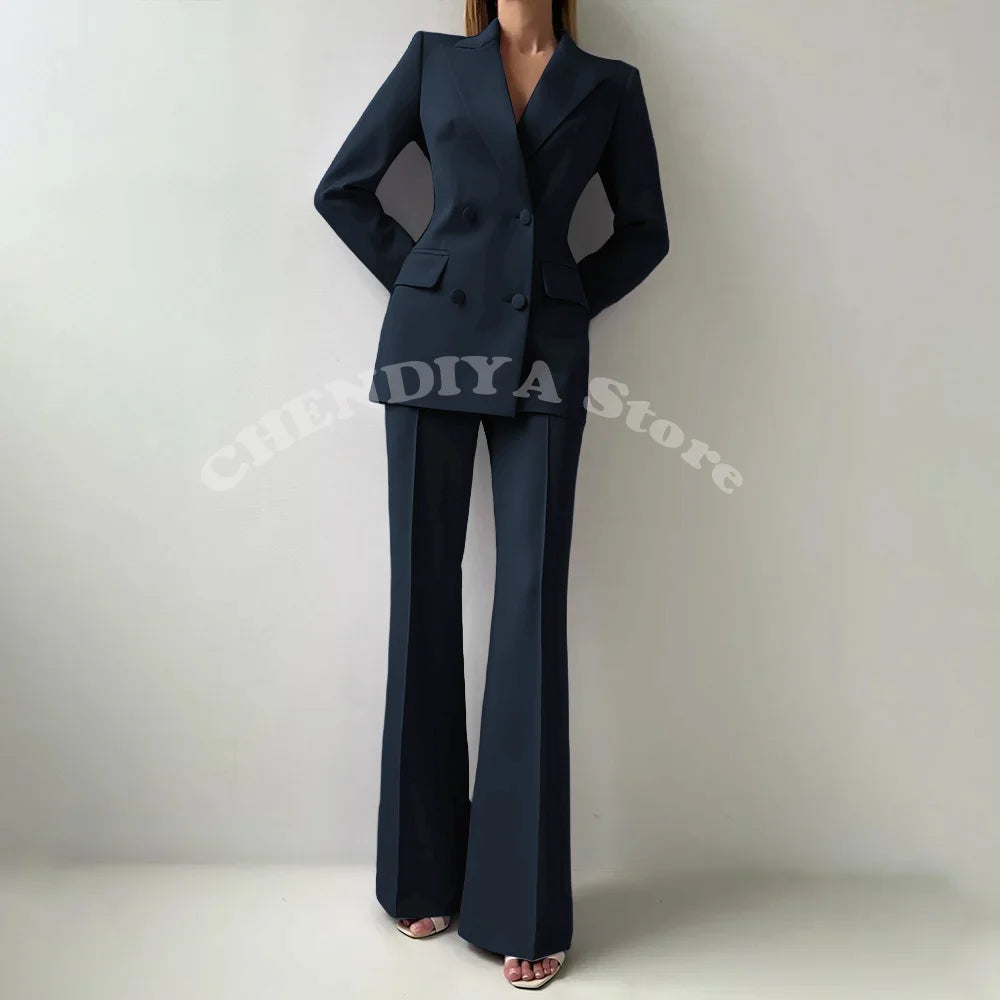 Women Suits Sets 2 Piece Elegant Peak Lapel Double Breasted Outfits Fashion Daily Casual Chic Female Suit (Jacket+Pants)
