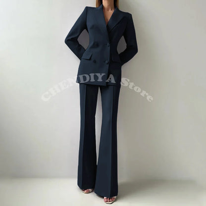 Women Suits Sets 2 Piece Elegant Peak Lapel Double Breasted Outfits Fashion Daily Casual Chic Female Suit (Jacket+Pants)