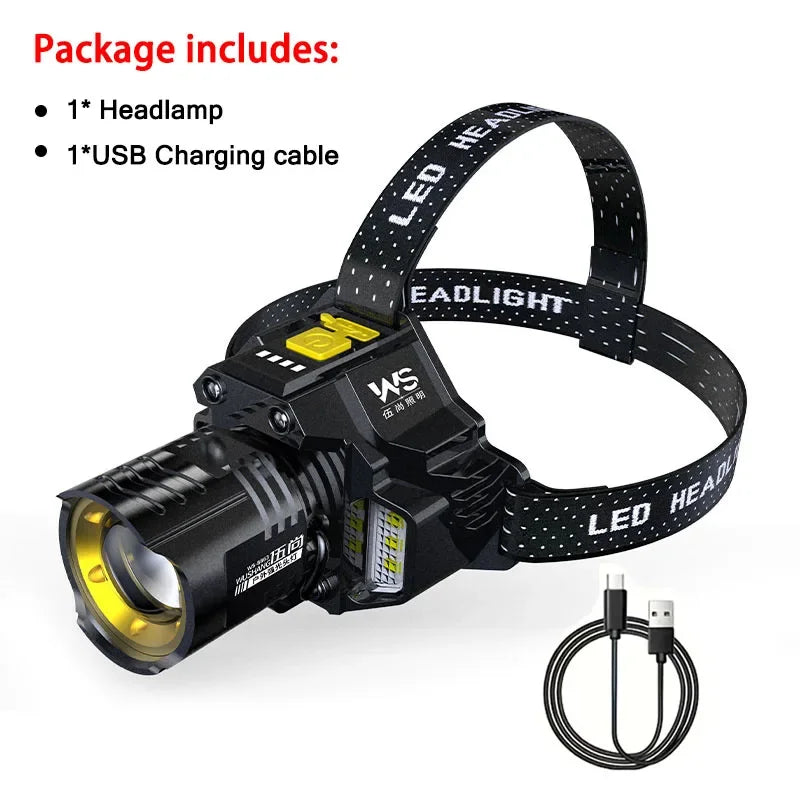 Rechargeable Powerful LED Headlamp with Telescopic Zoomable Headlight - Outdoor Waterproof High Lumen Work Head Light