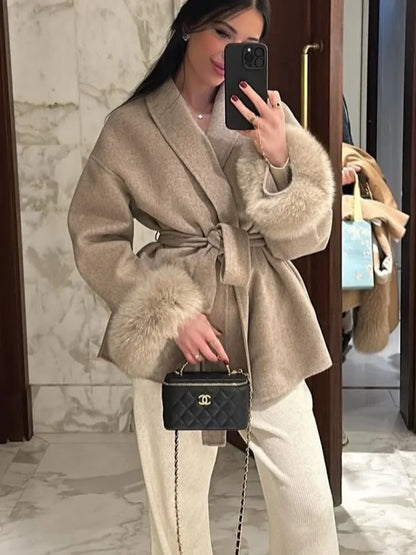 Elegant Lace Up Woolen Short Coat Solid Loose Lapel Furry Belt Long Sleeve Female Jacket 2026 Spring Autumn Lady Chic Cardigan