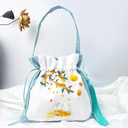 Chinese Style Retro Flower Embroidery Crossbody Top-handle Bags Women Shoulder Lace Drawstring Bucket Bag Coin Purses Handbags