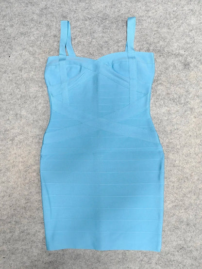 BEAUKEY Blue Spaghetti Strap Women Mini Bandage Dress Bodycon Sexy Above Knee Length Bodycon Party Club Dress XL Classic Vestido
