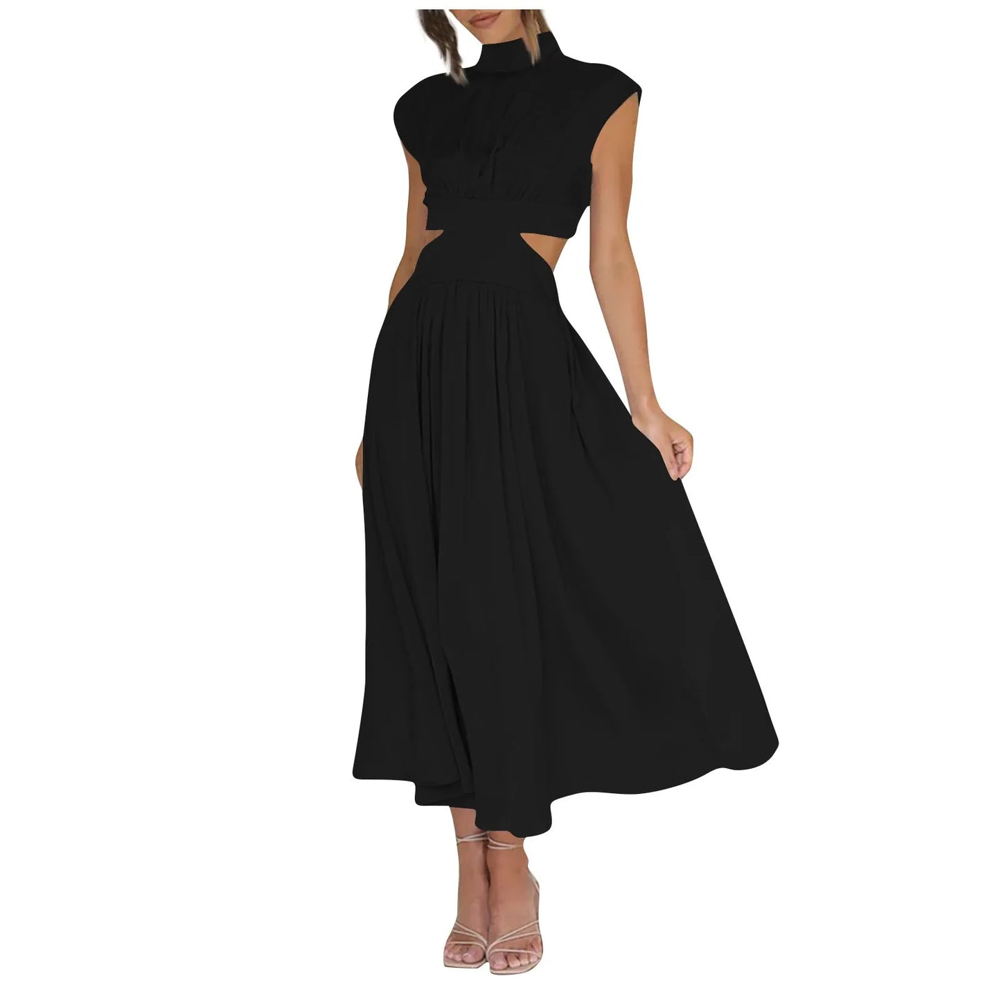 Women's Solid Color Basic Fashion High Waist Hollow Out Sexy Casual Streetwear High Neck Sleeveless Pocket Open Waist Maxi Dress
