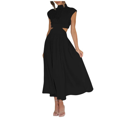 Women's Solid Color Basic Fashion High Waist Hollow Out Sexy Casual Streetwear High Neck Sleeveless Pocket Open Waist Maxi Dress