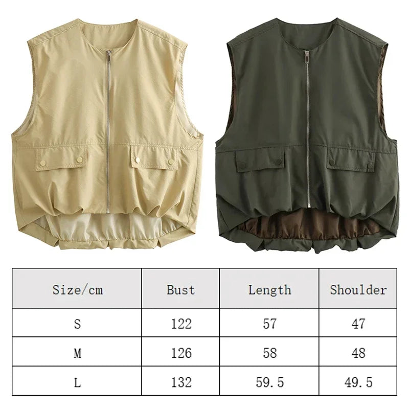 Women Fashion With Pockets Pleated Front Zipper Vest Sleeveless Jackets Vintage O-Neck Waistcoat Female Chic Tank Tops
