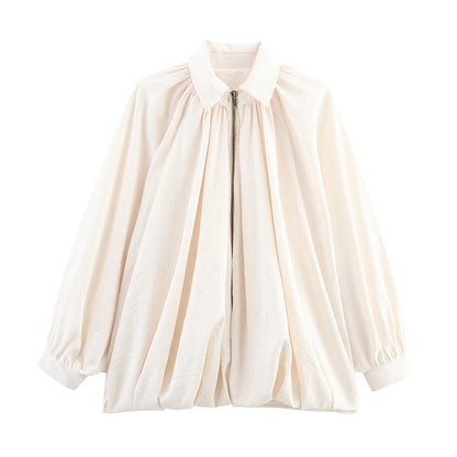 Pleated Zipper Green Oversize Jacket Women Long Lantern Sleeve Lapel Folds Elegant 2025 Spring Coat Street Commuter Lady Tops