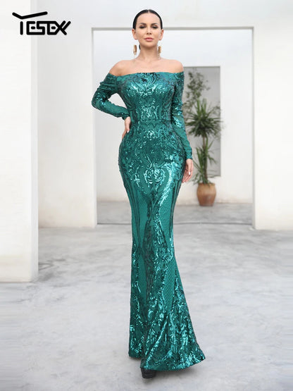 Yesexy Sexy Off the Shoulder Sequin Party Prom Long Sleeve Women Bodycon Dress Party Maxi Dresses Vestidos