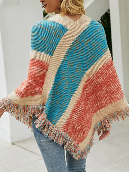 Autumn Winter Batwing Sleeve Rainbow Striped Poncho Women Fashion Sweater Cloak 2025 New Pullover Shawl Female Tassel Cape
