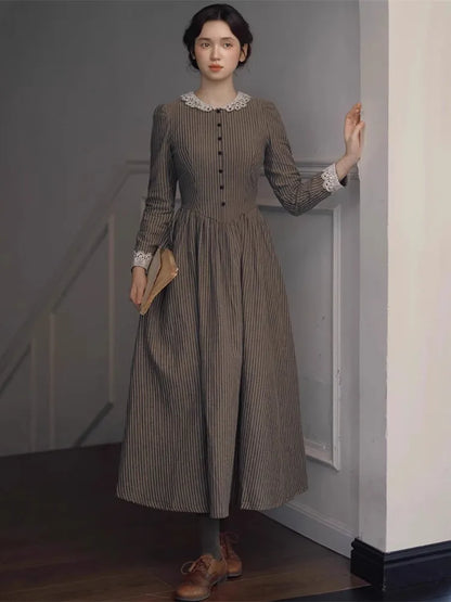 86-98cmBust SpringFall Long Dresses Women French Miss Austin Vintage Elegant Slim Exquisite Lace Collar 100%Cotton Striped Dress
