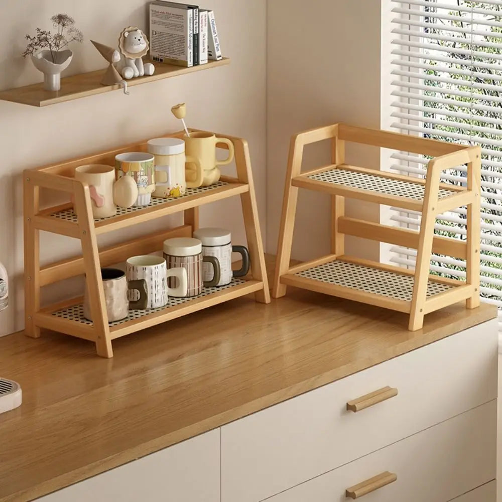Display Rack Spice Rack Wooden Storage Shelf for Kitchen Rattan Desktop Organizer for Countertop Makeup Organizer