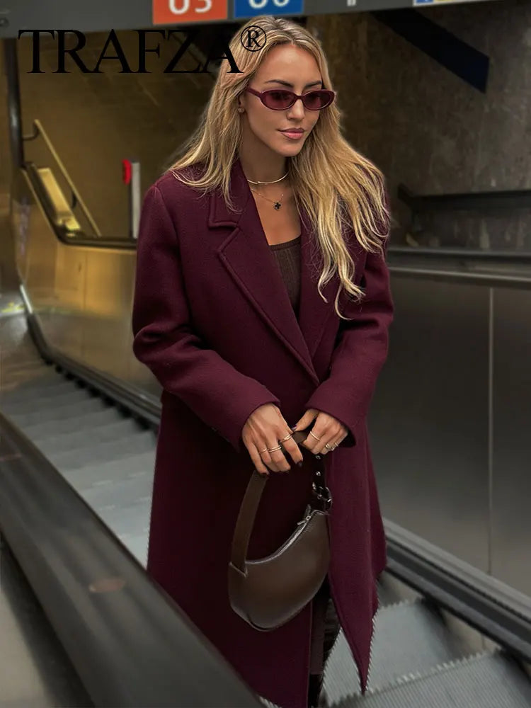 TRAFZA Women Elegant Burgundy Woolen Coat Double Breasted Turn Down Collar Windbreaker Jacket Fashion Lady High Street Outerwear
