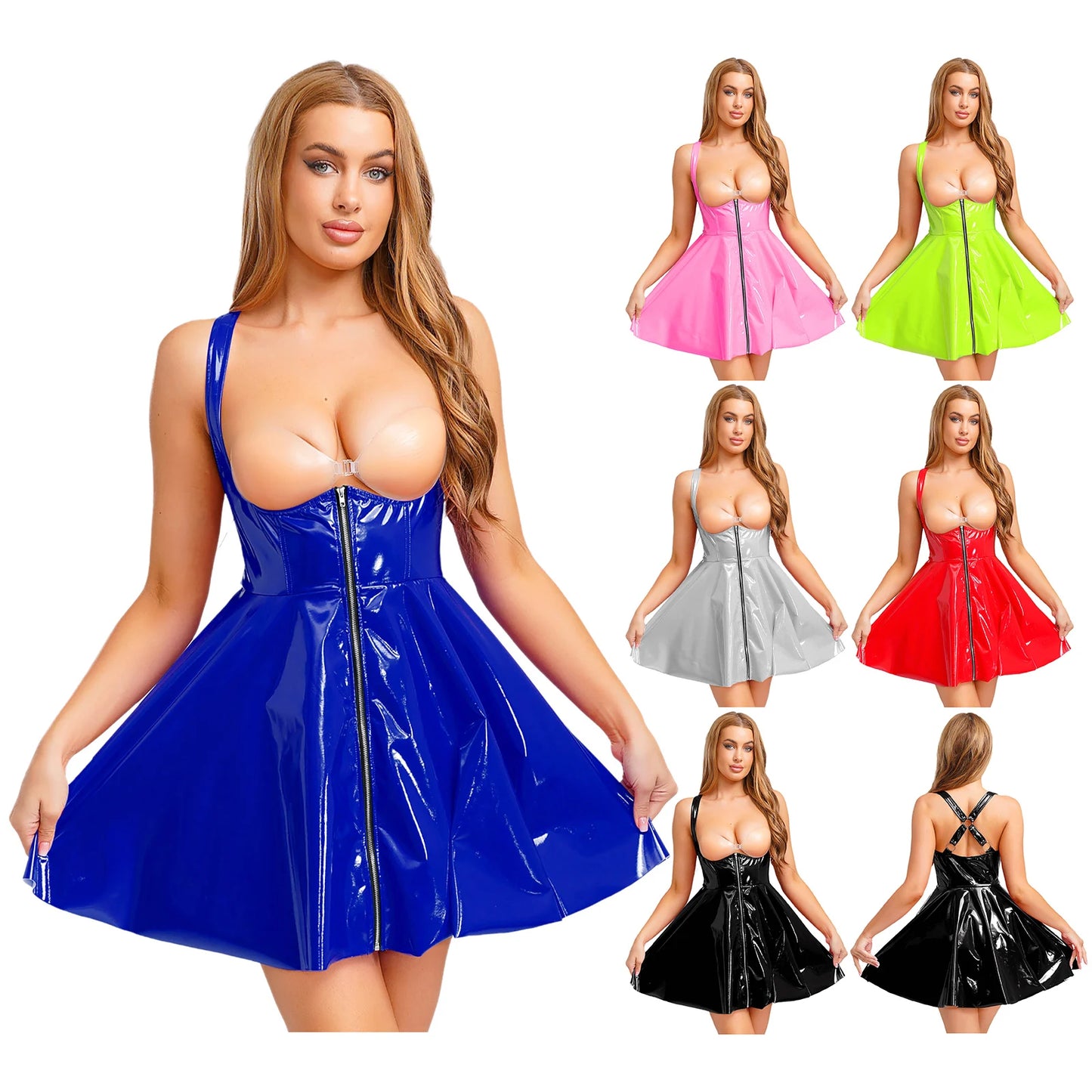 Women Gothic Punk PU Leather Dress Sexy Low Cut Sleeveless Mini Back Cross Straps Wet Look Glossy Clubwear for Halloween Cosplay
