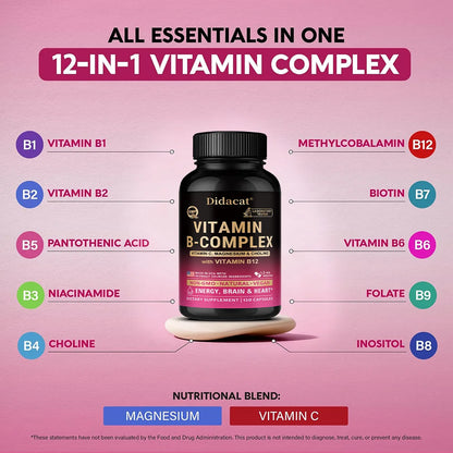 Vitamin B Complex for Men & Women - Riboflavin B2,B12,B1,B3,B5,B6,B7,B8,B9,Vitamin C, Choline, Inositol - Brain & Heart Support