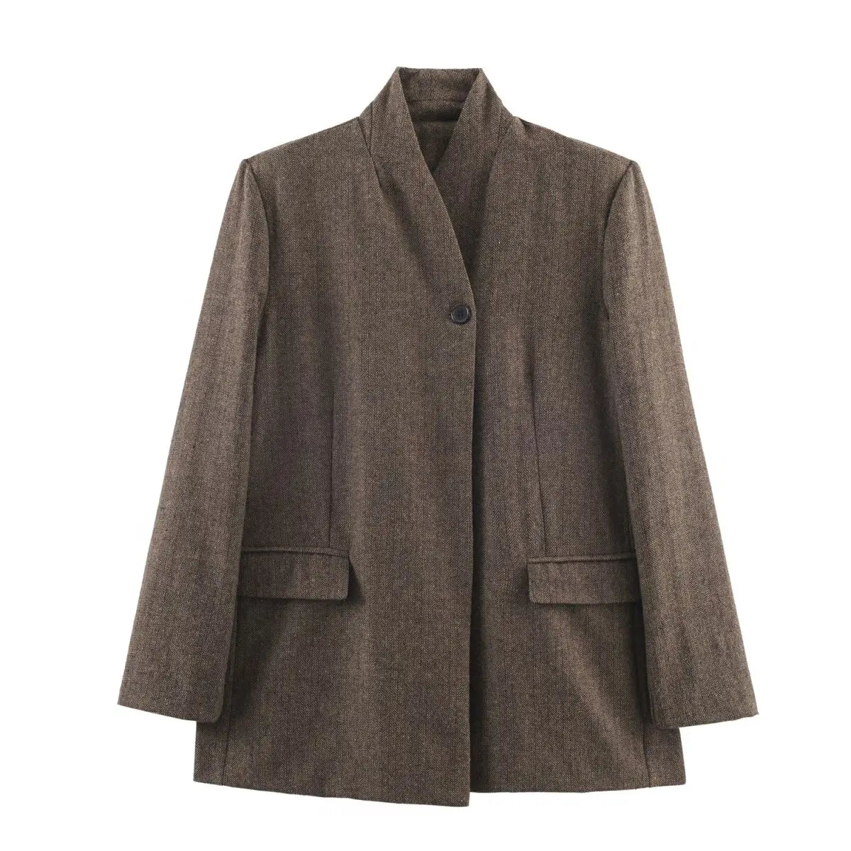 Fashion Solid Color V-neck Stand Collar Suit Jacket Women Single Breasted Long Sleeved Short Coat Lady Daily Casual Outwear New