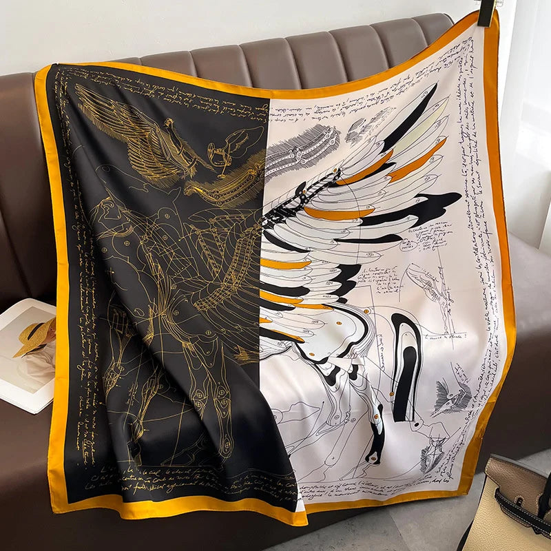 Twill Silk Scarf Women 90cm Square Hijab Shawls And Wraps Female Foulard Headkerchief Elegant Floral Summer Autumn Lady Bandana