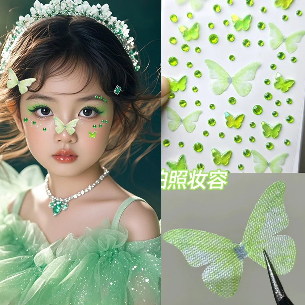 1/3/5 Sheets Kawaii Children's Butterfly Face Stickers Self-adhesive Pink/Green Elf Rhinestone Resin Butterfly Decals For Makeup