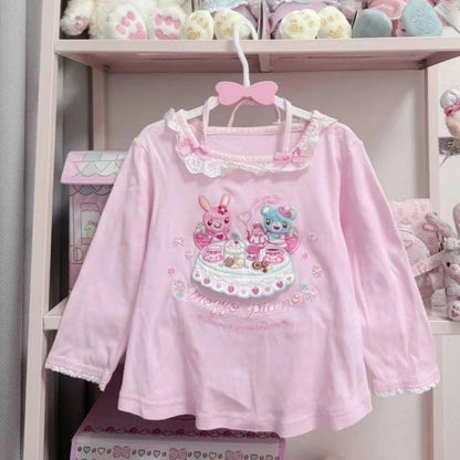 Lolita Print Tops Bow Cake Blouse Y2K JK Lolita Japan Kawaii Girl Cute Sweet Lace T-shirt A-line Spliced Cake Skirt New Chic