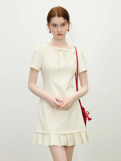 FSLE Women Summer Short Dress Patchwork Pleated Design Short Sleeve Mini Dress Solid Sweet Style Female Dress 25FS12062